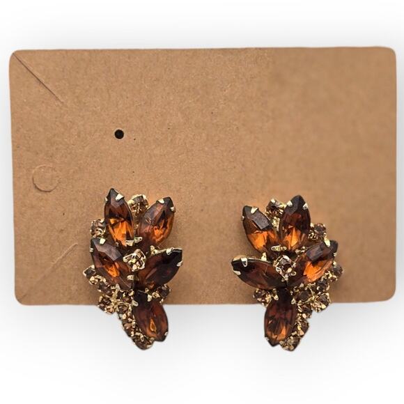 Amber Rhinestone Cluster Clip-On Vintage Earrings - Picture 1 of 5